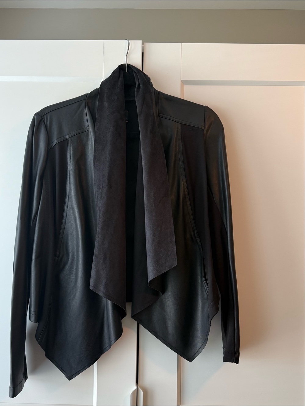 Black Faux Leather Drape Front Jacket